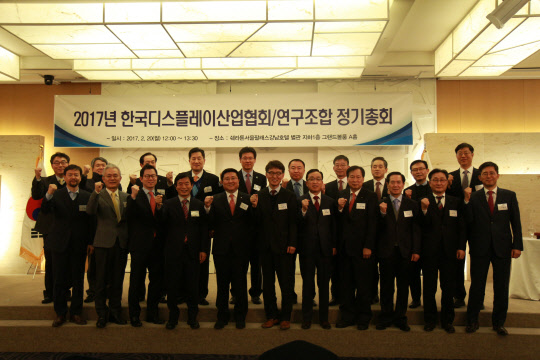 한상범(앞줄 왼쪽에서 다섯번째) 한국디스플레이산업협회 회장이 20일 쉐라톤 서울 팔래스 강남 호텔에서 열린 '2017년도 제1차 이사회 및 정기총회'에서 참석자들과 기념촬영을 하고 있다.<한국디스플레이산업협회 제공>